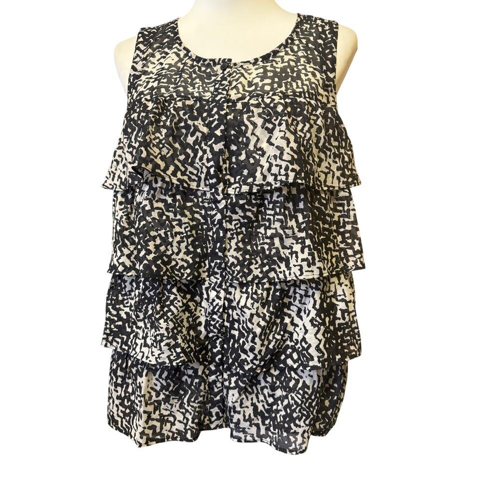 Ann taylor LOFT sleeveless breezy ruffled black and white blouse womens medium